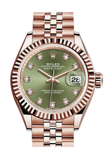 Rolex Datejust 28 Olive Green Diamond Dial Fluted Bezel Rose Gold Jubilee Ladies Watch 279175 NP